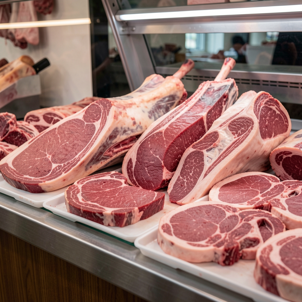 Lean cuts of beef and pork displayed on a butcher's counter with fresh herbs — Grenval editorial