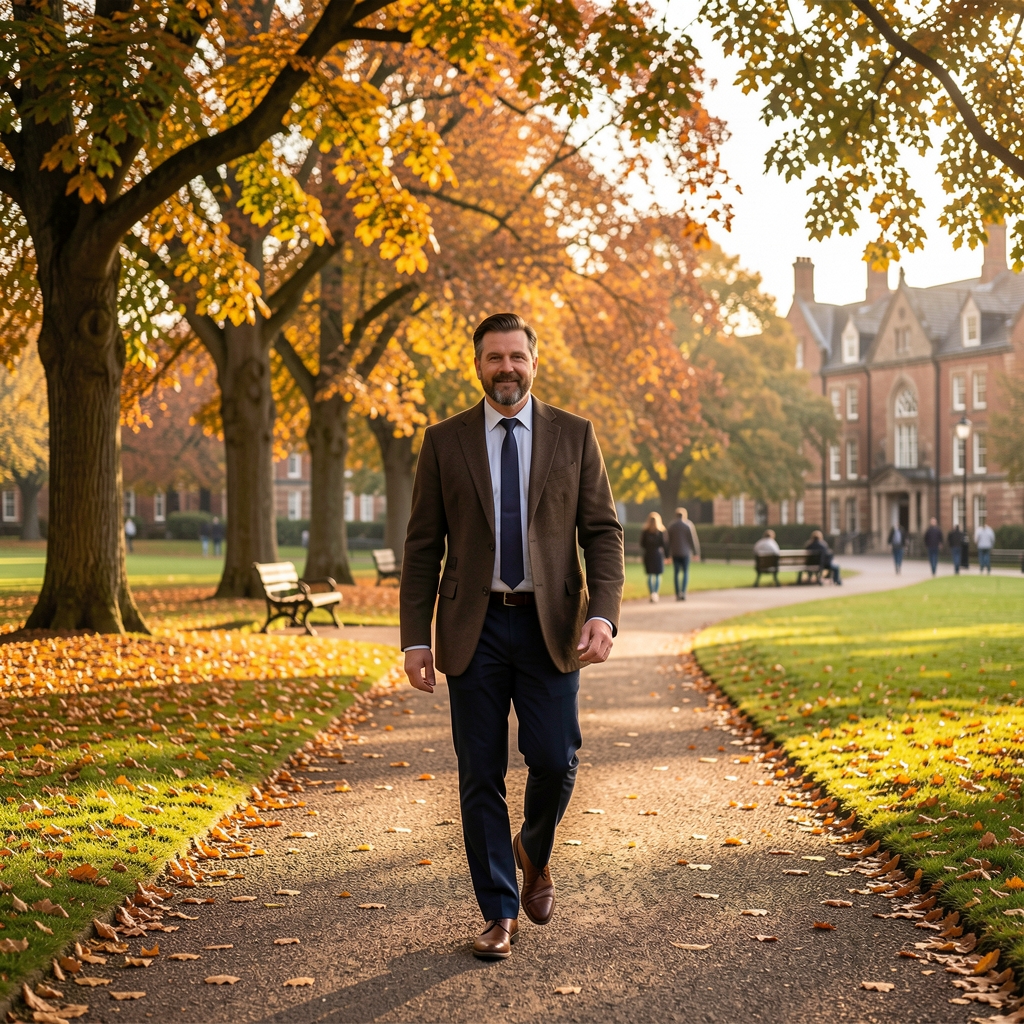Man walking through an Edinburgh park in changing autumn light — Grenval editorial