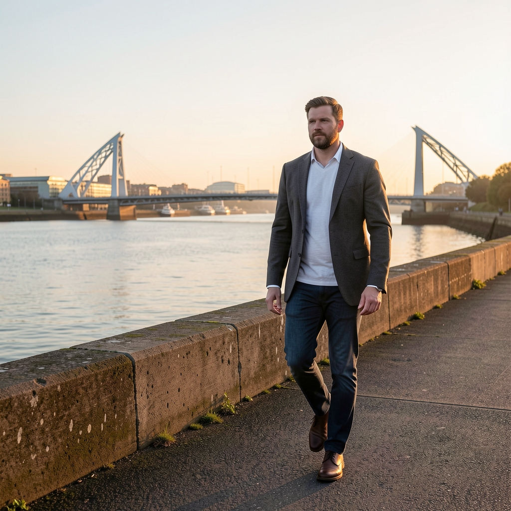 Man walking beside the Firth of Forth at dawn with a calm editorial mood — Grenval editorial