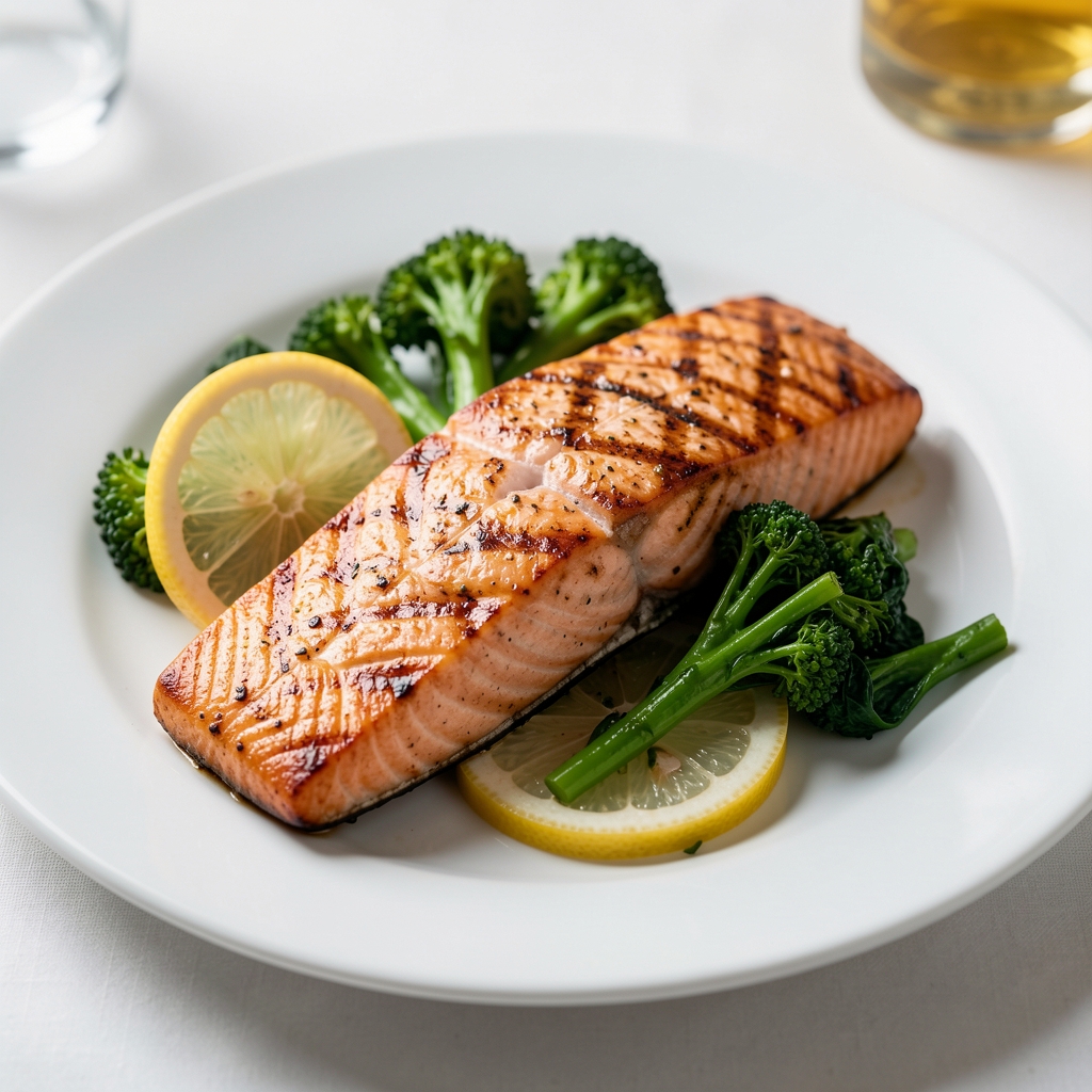 Grilled salmon fillet with lemon and green vegetables on a white plate — Grenval editorial