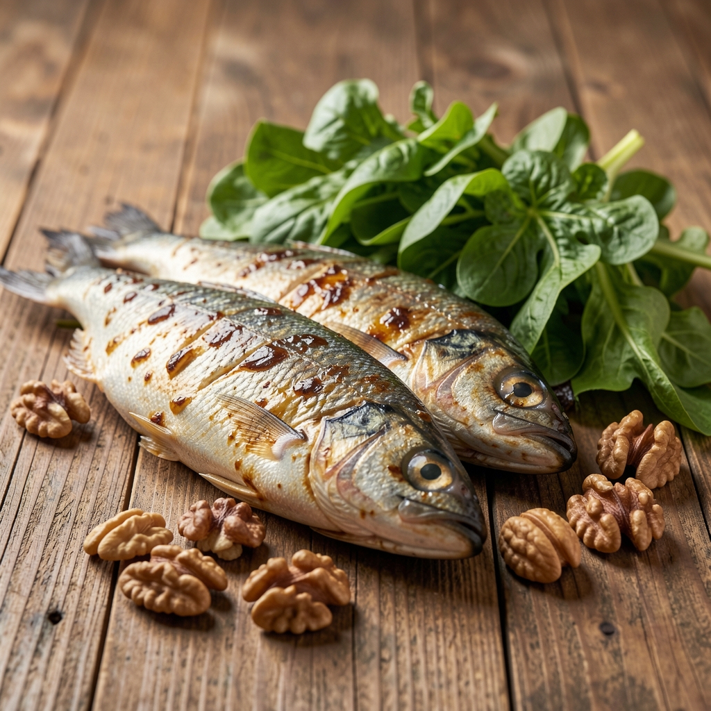 Wooden table with oily fish, leafy greens and walnuts arranged for an article on heart-conscious eating