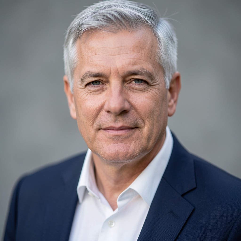 Portrait of a man in his fifties with short grey hair, editorial headshot style, soft grey background