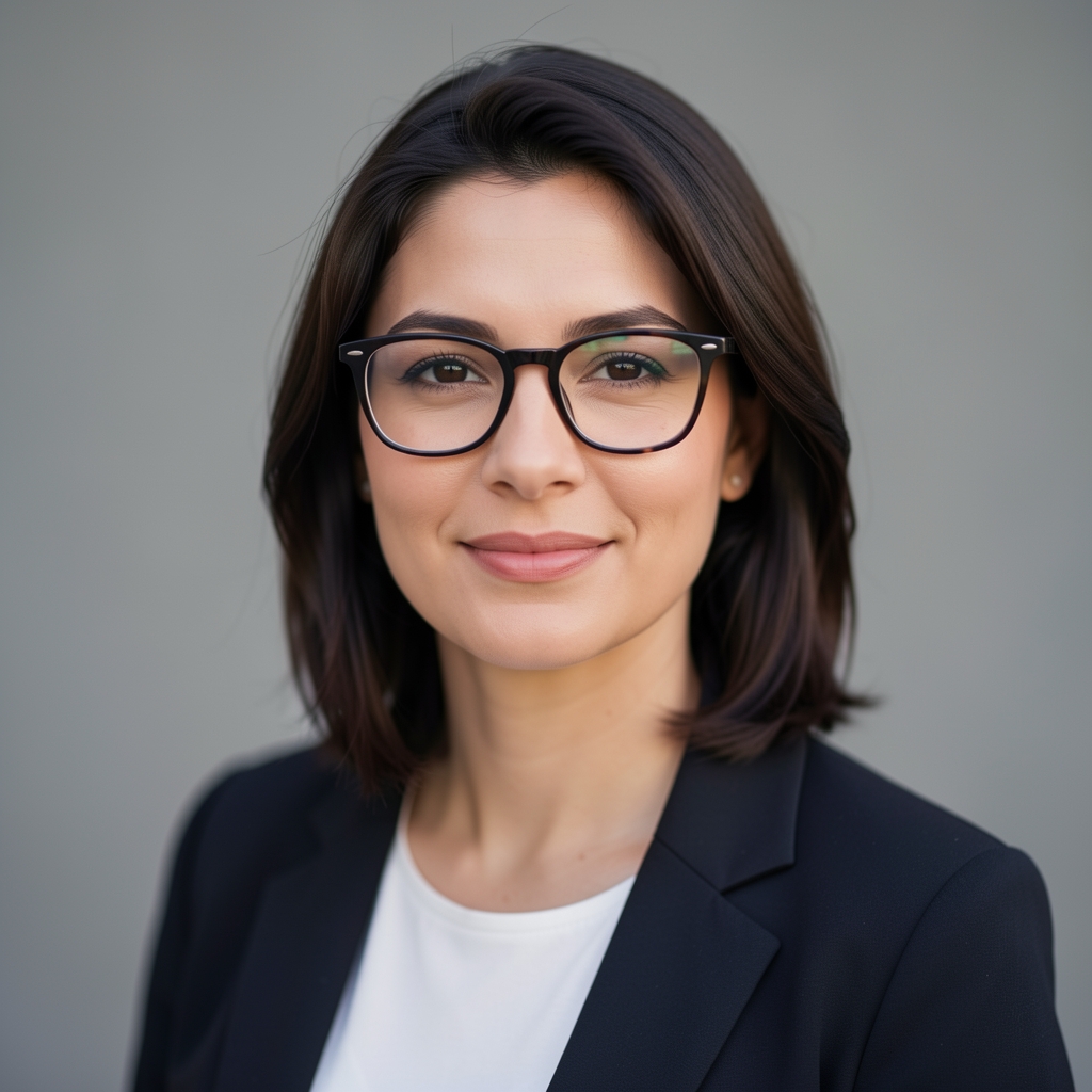 Portrait of a woman in her thirties with glasses, editorial headshot style, soft grey background